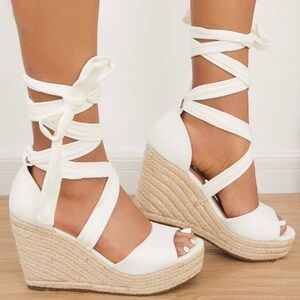 ZBY espadrille platform wrap around wedge sandals women’s Size 8 1/2 white-cream